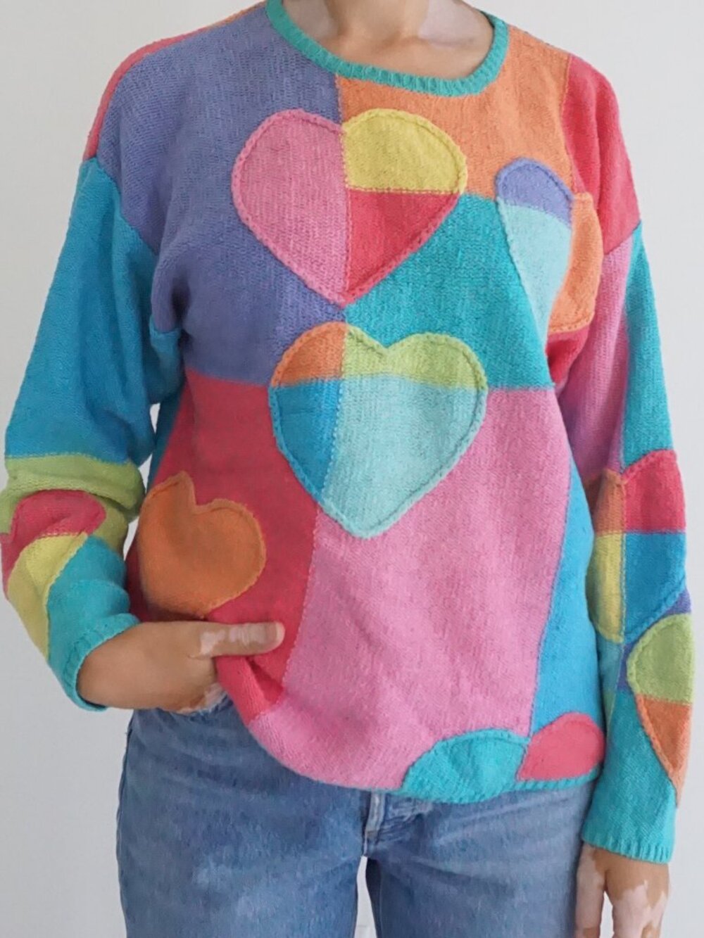 Vintage PBJ Sport Pink Teal Heart Patchwork Colorblock Geometric Sweater M